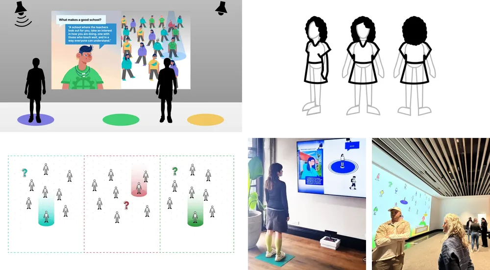 Illustrations and images from the conceptual and testing stages of the experience