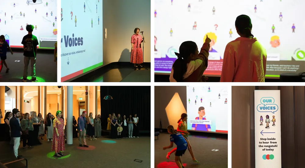 Images of children and adults at the opening of the Our Voices spotlight experience at the Auckland Museum
