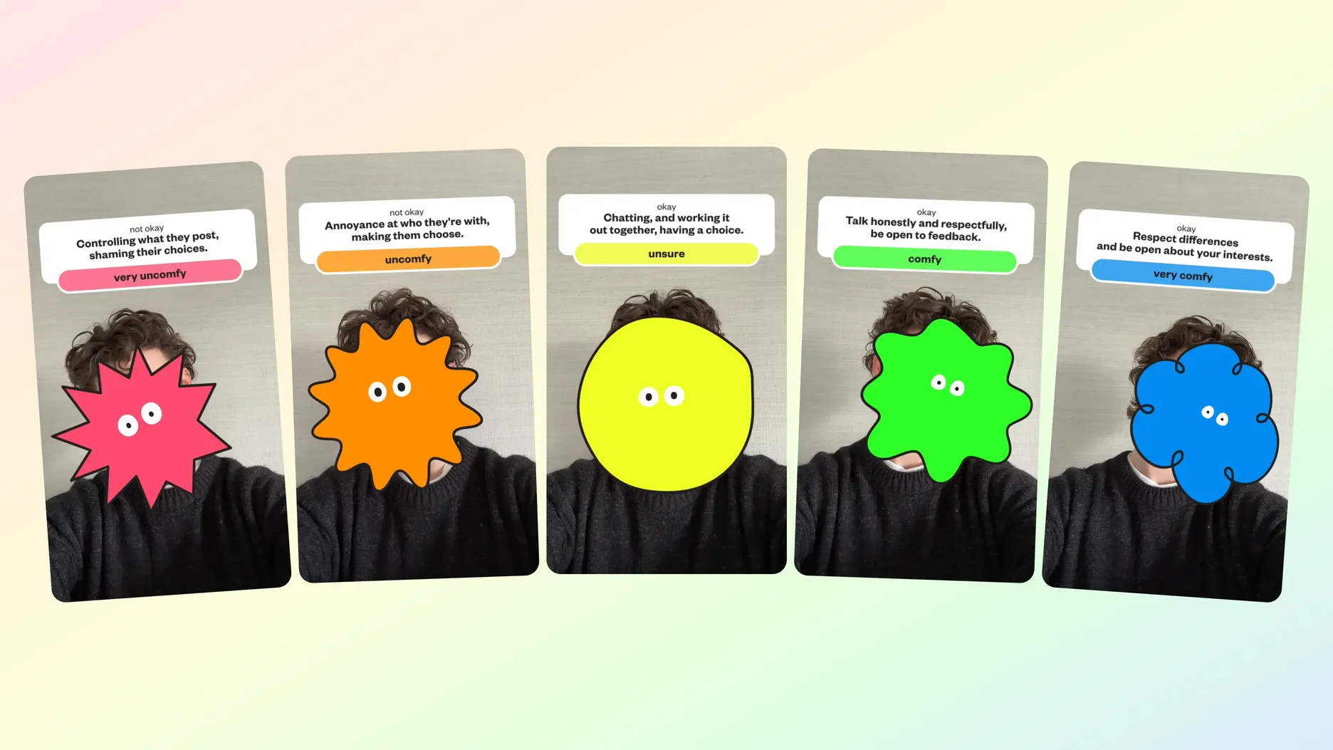 Phone screens on a light background, with someone using the Our Watch filter, partially covered by 5 of the coloured characters used in the filter