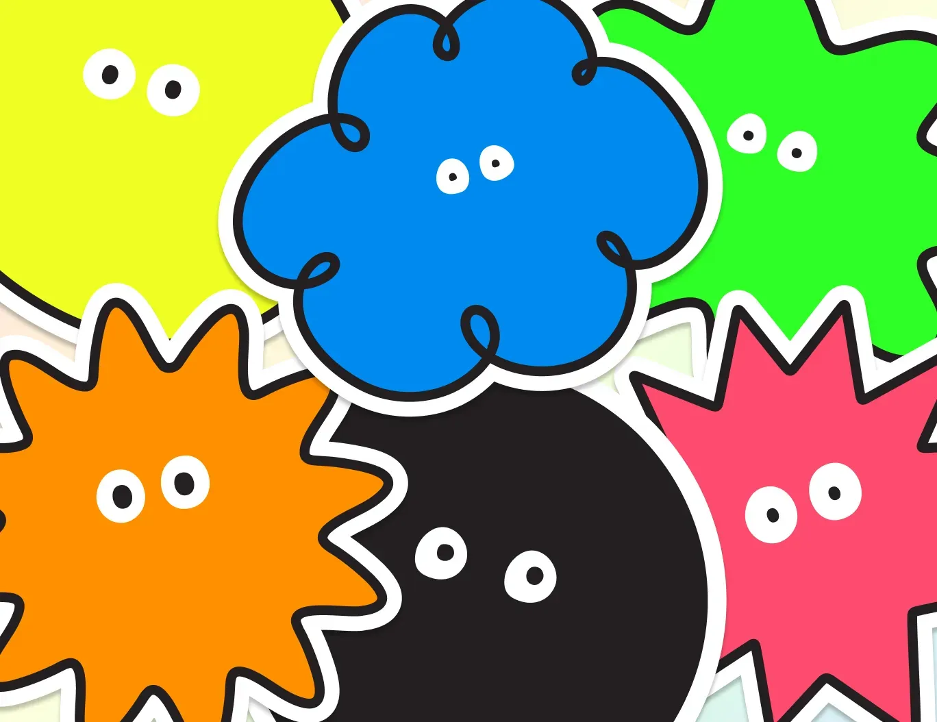 Image of the 6 different coloured characters used in the filter