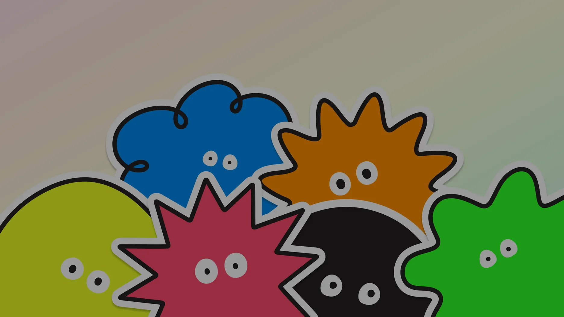 Image of the 6 different characters stacked around each other with a dark tint, set against a light background